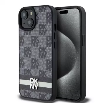 Etui DKNY ze skóry w kratkę i wzór mono z nadrukowanymi paskami do iPhone 15/14/13 - Czarny