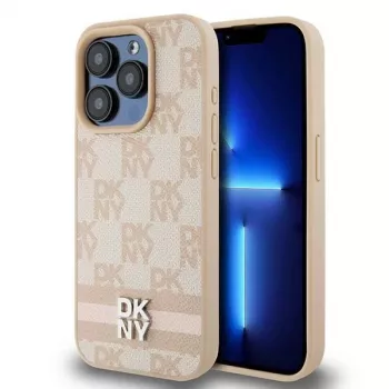 DKNY Skórzane etui w kratkę mono i drukowane paski do iPhone 15 Pro Max - Różowy