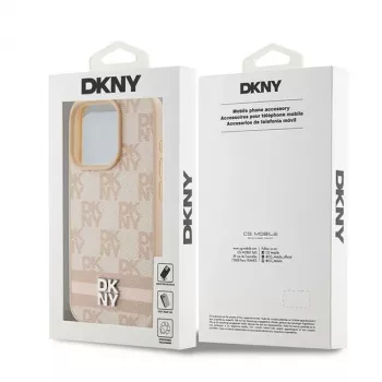 DKNY Skórzane etui w kratkę i paski dla iPhone 15 Pro - Różowe