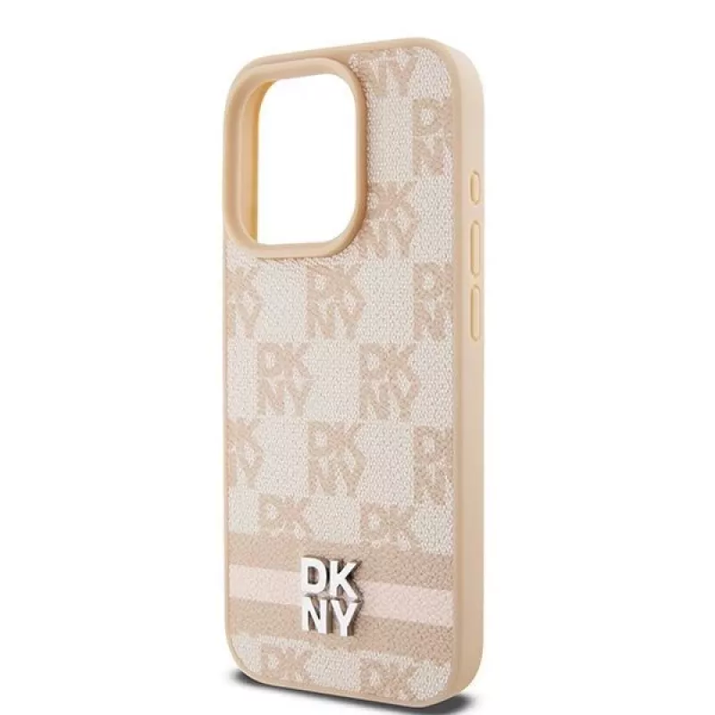 DKNY Skórzane etui w kratkę i paski dla iPhone 15 Pro - Różowe