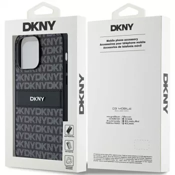 DKNY Skórzane etui Mono Stripe z metalowym logo do iPhone 14 Pro Max - czarne