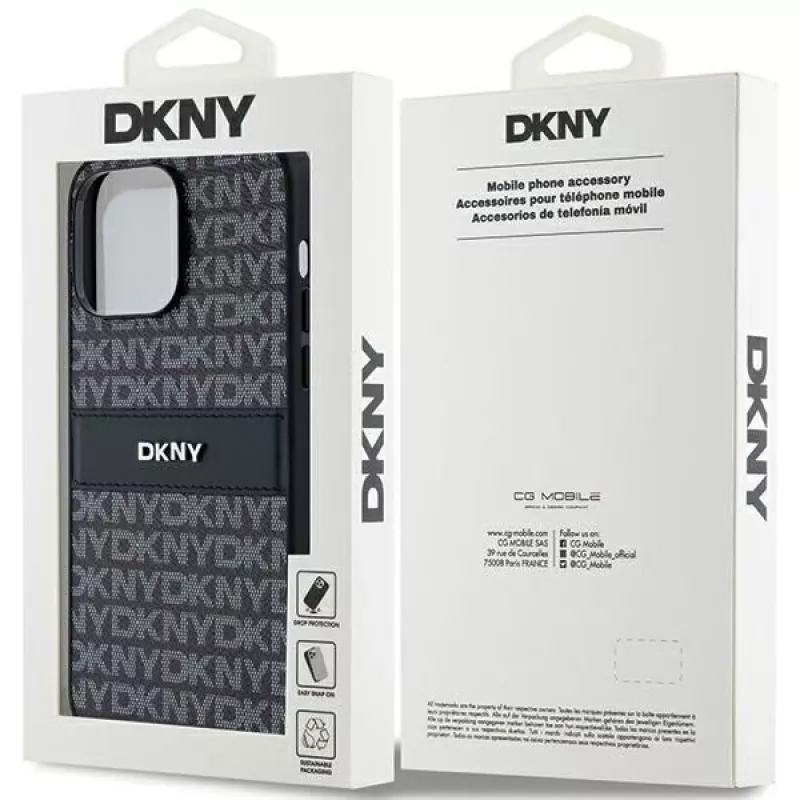 DKNY Skórzane etui Mono Stripe z metalowym logo do iPhone 14 Pro Max - czarne