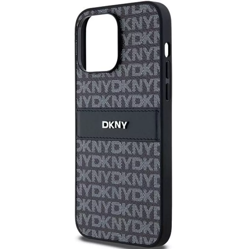 DKNY Skórzane etui Mono Stripe z metalowym logo do iPhone 14 Pro Max - czarne