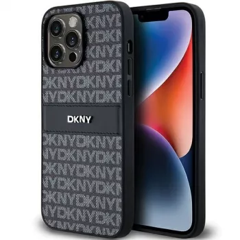 DKNY Skórzane etui Mono Stripe z metalowym logo do iPhone 14 Pro Max - czarne