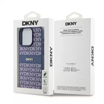 Etui DKNY Leather Mono Stripe z metalowym logo do iPhone 15 Pro - niebieskie