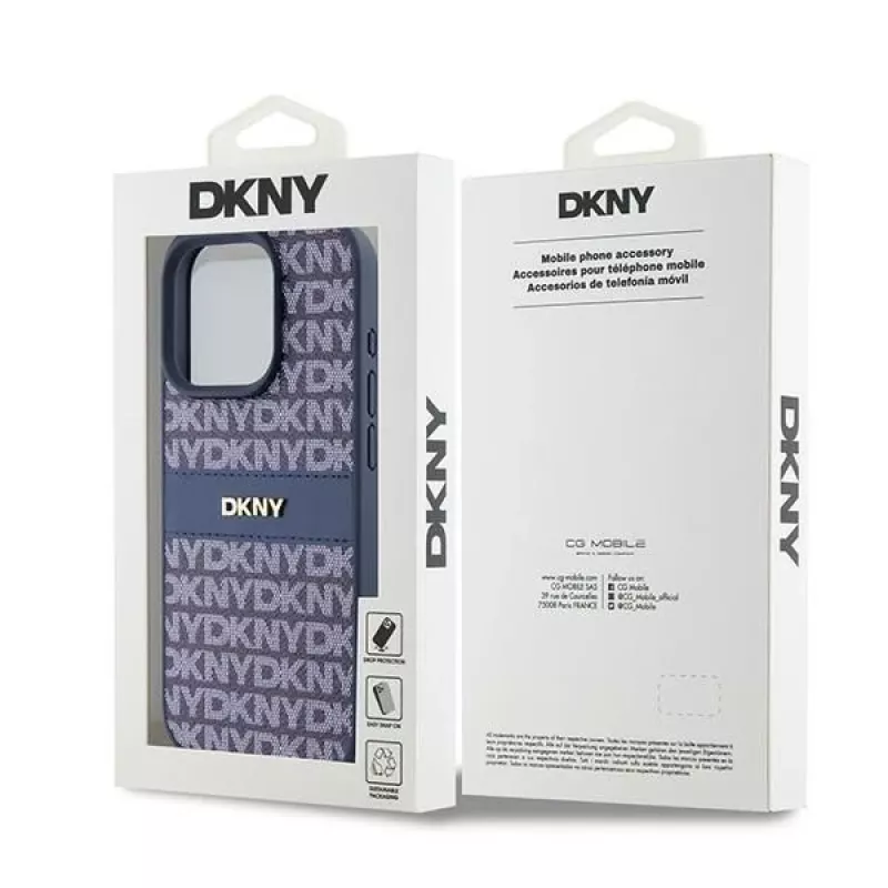 Etui DKNY Leather Mono Stripe z metalowym logo do iPhone 15 Pro - niebieskie