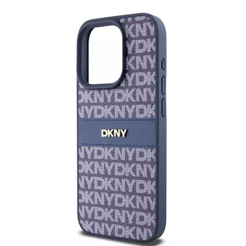 Etui DKNY Leather Mono Stripe z metalowym logo do iPhone 15 Pro - niebieskie