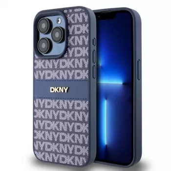 Etui DKNY Leather Mono Stripe z metalowym logo do iPhone 15 Pro - niebieskie