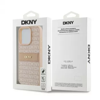 DKNY Skórzane etui Mono Stripe z metalowym logo do iPhone 15 Pro - różowe