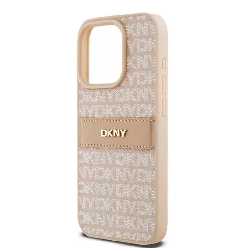 DKNY Skórzane etui Mono Stripe z metalowym logo do iPhone 15 Pro - różowe