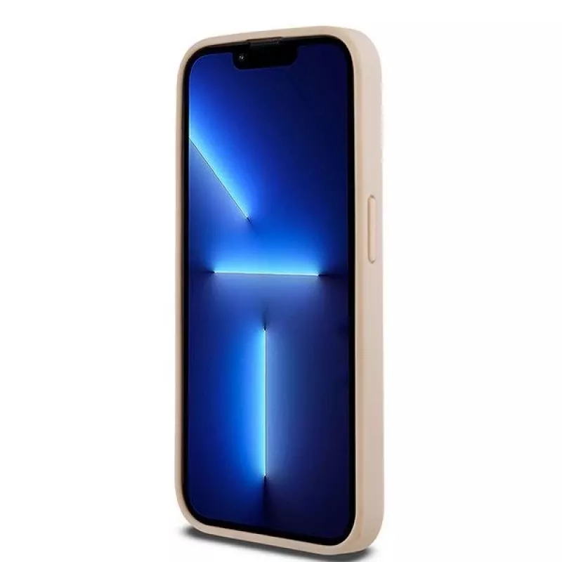 DKNY Skórzane etui Mono Stripe z metalowym logo do iPhone 15 Pro - różowe