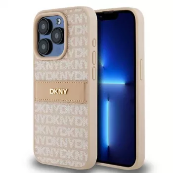 DKNY Skórzane etui Mono Stripe z metalowym logo do iPhone 15 Pro - różowe