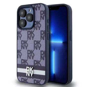 Etui DKNY z ekologicznej skóry PU we wzór szachownicy i pasek dla iPhone 15 Pro Max, niebieskie