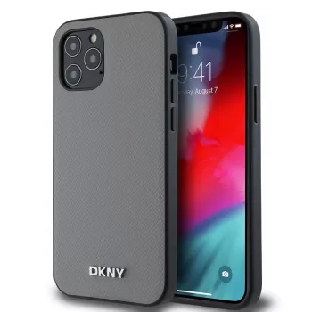 Etui DKNY z PU skóry MagSafe na iPhone 12/12 Pro ze srebrnym metalowym logo - Szary
