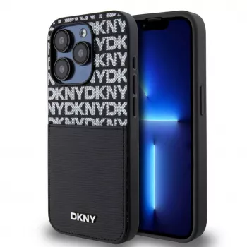 DKNY PU Skórzane etui z kieszenią na kartę, wzór powtarzalny, dla iPhone 14 Pro, czarne