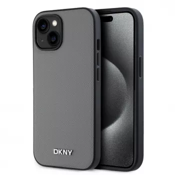 DKNY PU Skórzana Etui MagSafe z Srebrnym Metalowym Logo do iPhone 13 - Szary