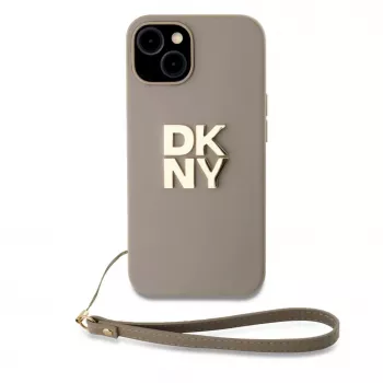 DKNY PU Leather Stack Logo Wrist Strap Case do iPhone 13 Pro Max Beżowy