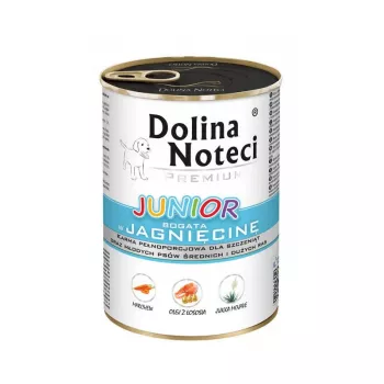 Dolina Noteci Premium Junior Bogata w jagnięcinę Mokra karma dla szczeniąt ras średnich i dużych, puszka 400g