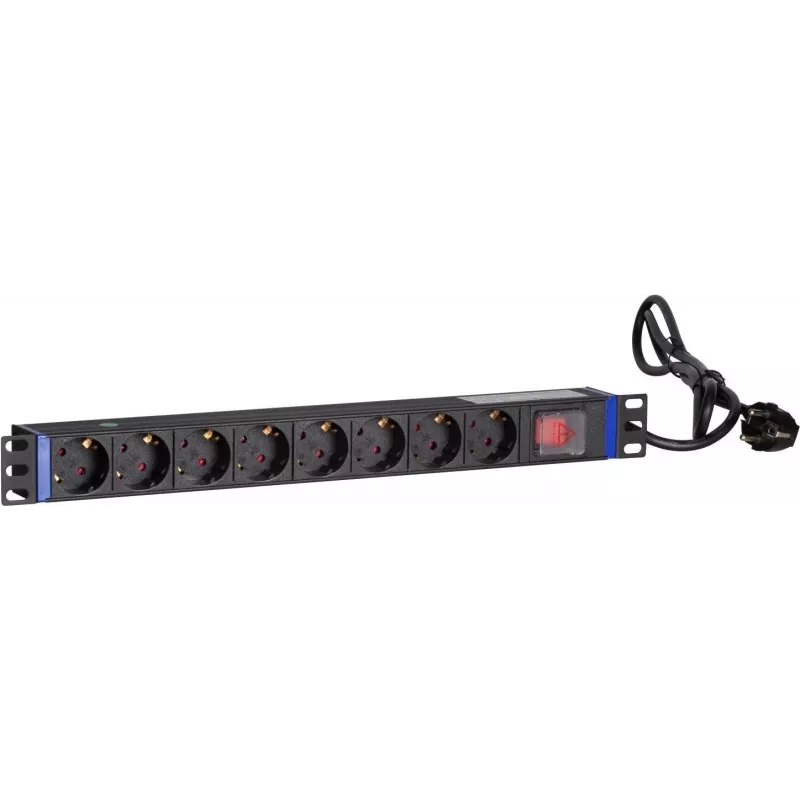 DSIT DS-8PDU-S 19-calowy listwa zasilająca PDU z przełącznikiem, 8 gniazd Schuko, kabel 2m, 16A/3680W – czarny/srebrny