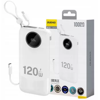 Dudao 120W Fast Charge Power Bank z wbudowanym kablem i wyświetlaczem cyfrowym 10000mAh Biały