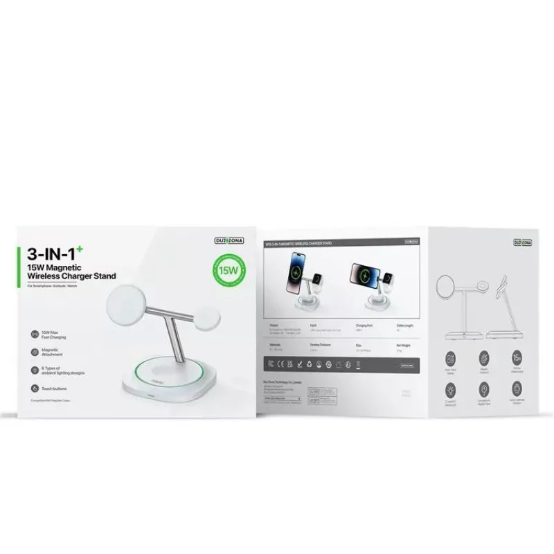 Duzzona W16 15W 3-w-1 Magnetyczna Ładowarka Bezprzewodowa Biała