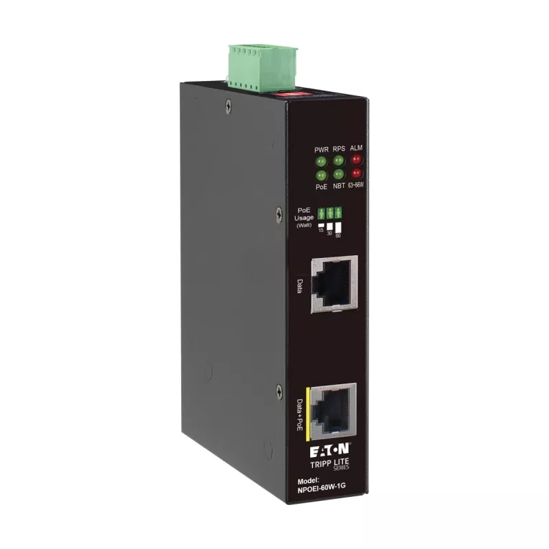 Eaton Tripp Lite Series przemysłowy iniektor Gigabit PoE++ 60W, 802.3bt, Midspan, -40°C do 75°C, IP30, podwójne 24-57VDC, szyna DIN, 1-portowy, czarny