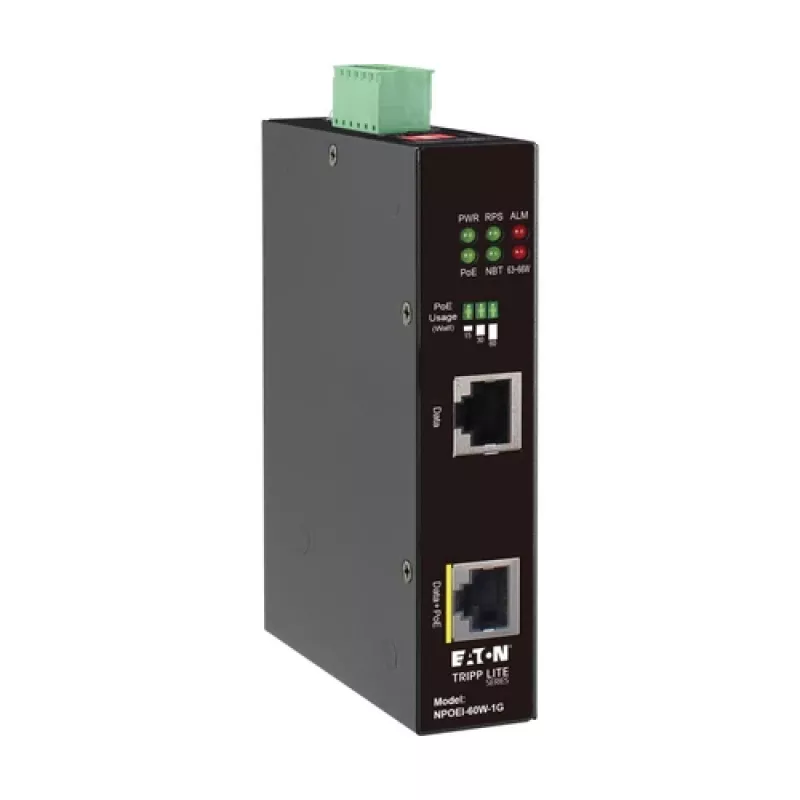 Eaton Tripp Lite Series przemysłowy iniektor Gigabit PoE++ 60W, 802.3bt, Midspan, -40°C do 75°C, IP30, podwójne 24-57VDC, szyna DIN, 1-portowy, czarny