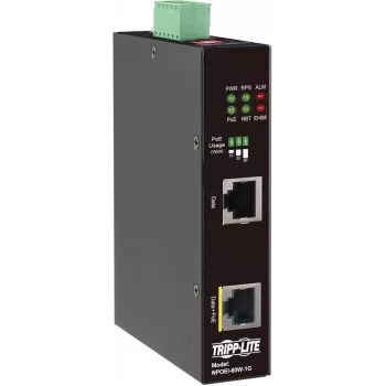 Eaton Tripp Lite Series przemysłowy iniektor Gigabit PoE++ 60W, 802.3bt, Midspan, -40°C do 75°C, IP30, podwójne 24-57VDC, szyna DIN, 1-portowy, czarny