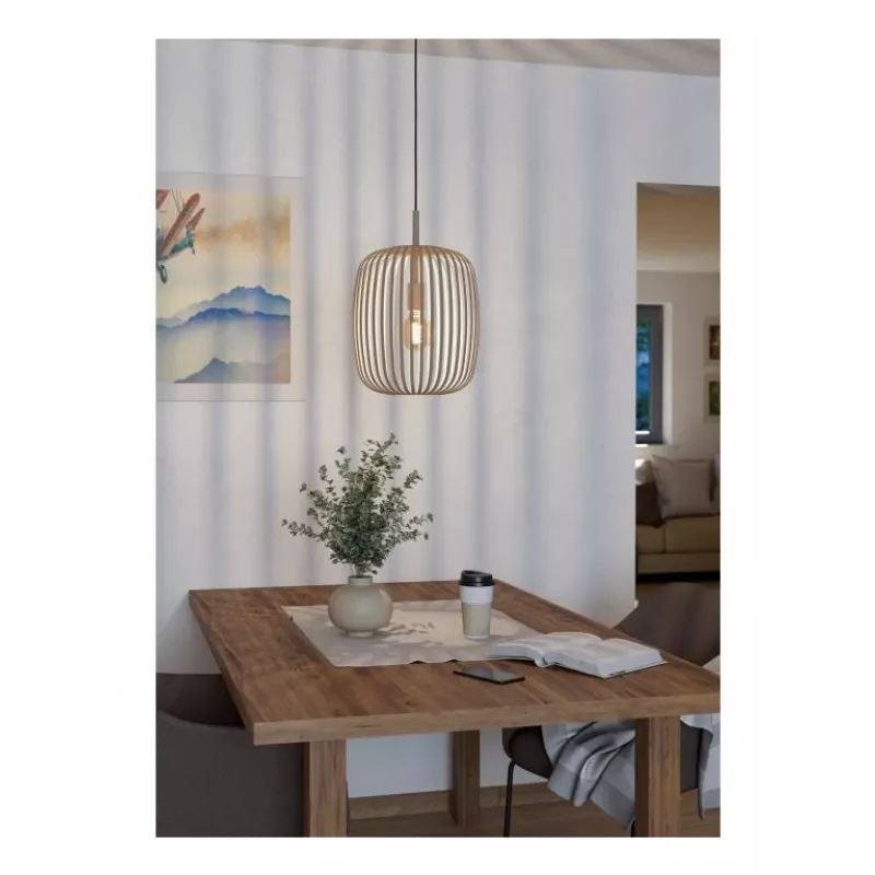 Lampa wisząca EGLO ROMAZZINA, 1 x E27, beżowy klosz z tkaniny, stal, IP20, ściemnialna, maks. 60W