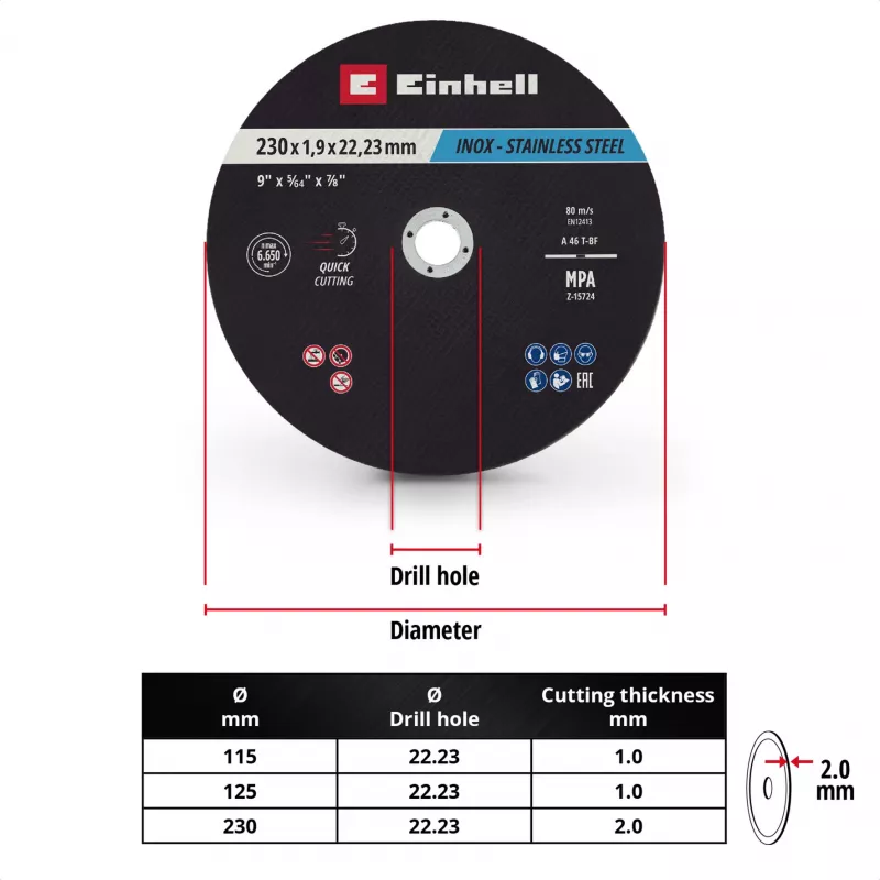Einhell 230 x 2,0 mm cienkie tarcze tnące do szlifierek kątowych, 10 szt. 711524