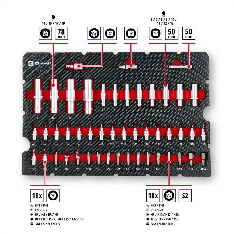 Einhell E-Case 92-częściowy zestaw narzędzi warsztatowych (370514) - stal chromowo-wanadowa, czarno-czerwony