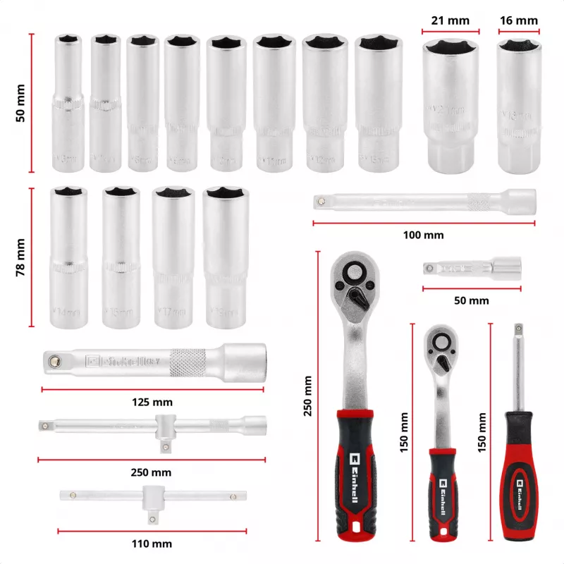 Einhell E-Case 92-częściowy zestaw narzędzi warsztatowych (370514) - stal chromowo-wanadowa, czarno-czerwony
