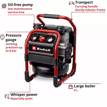 EINHELL Power X-Change Akumulatorowa Sprężarka Powietrza SILENZZO 18/160, 18V (Czerwony/Czarny, bez Akumulatora i Ładowarki)