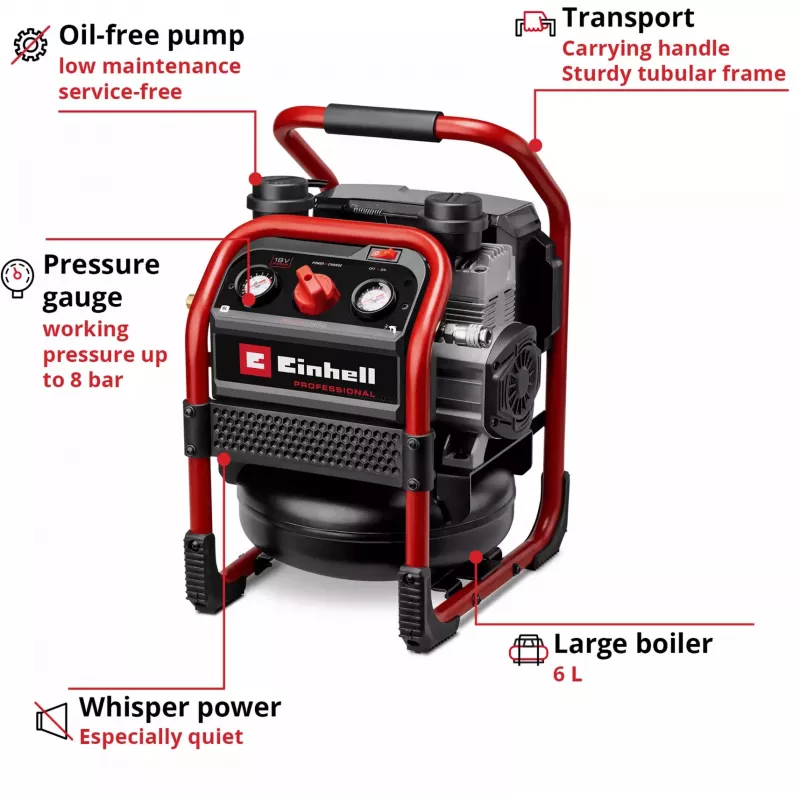 EINHELL Power X-Change Akumulatorowa Sprężarka Powietrza SILENZZO 18/160, 18V (Czerwony/Czarny, bez Akumulatora i Ładowarki)