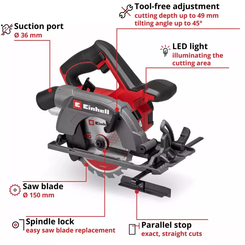 Einhell Power X-Change Akumulatorowa Ręczna Pilarka Tarczowa TE-CS 18/150-2 Li-Solo, 18V (Czerwony/Czarny, bez akumulatora i ładowarki)