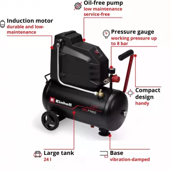 EINHELL TC-AC 190/24/8 I OF Bezolejowa Sprężarka, 1100 W, 24 L Zbiornik, 8 bar, Czarny