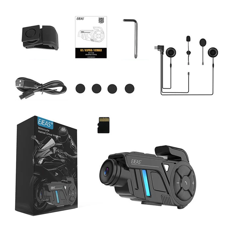 EJEAS K1Pro+ Interkom Motocyklowy z Rejestratorem 1080P - Pojedynczy Interkom