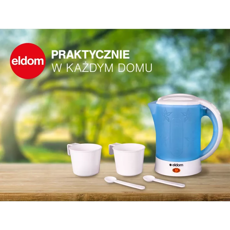 ELDOM turystyczny czajnik elektryczny C190 Lino 0.6L 550W niebieski z 2 kubkami i 2 łyżeczkami
