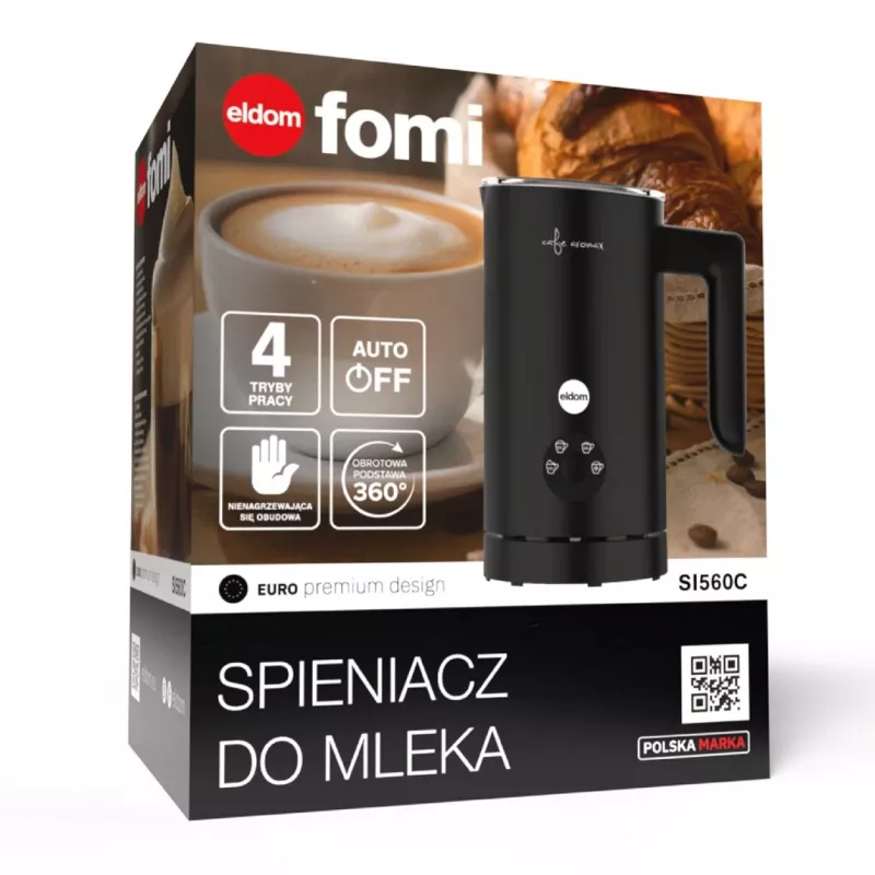 Spieniacz do mleka ELDOM SI560C Czarny - 500W Automatyczne Spienianie na Gorąco i Zimno, Podgrzewanie 300ml, Stal Nierdzewna