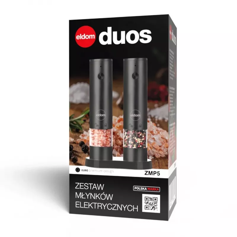 ELDOM ZMP5 Zestaw młynków do soli i pieprzu na baterie ze stojakiem, czarny