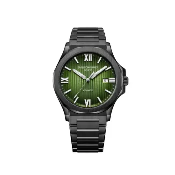 EMILE CHOURIET Męski Automatyczny Zegarek Chronograf 41mm Czarna Tarcza Czarny Skórzany Pasek 081172GHHE8H