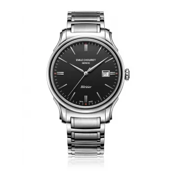 EMILE CHOURIET Męski Szwajcarski Zegarek Automatyczny 40mm Stal Nierdzewna Czarna Tarcza Skórzany Pasek 081128G62586