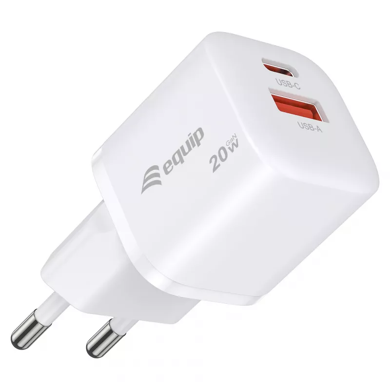 Equip 2-portowa ładowarka ścienna USB-C PD3.0/USB-A GaN 20 W biała