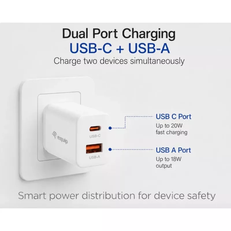 Equip 2-portowa ładowarka ścienna USB-C PD3.0/USB-A GaN 20 W biała