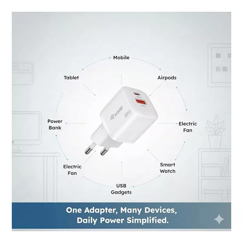 Equip 245526 Ładowarka ścienna 2-portowa USB-C PD3.0 / USB-A GaN 20W, biała