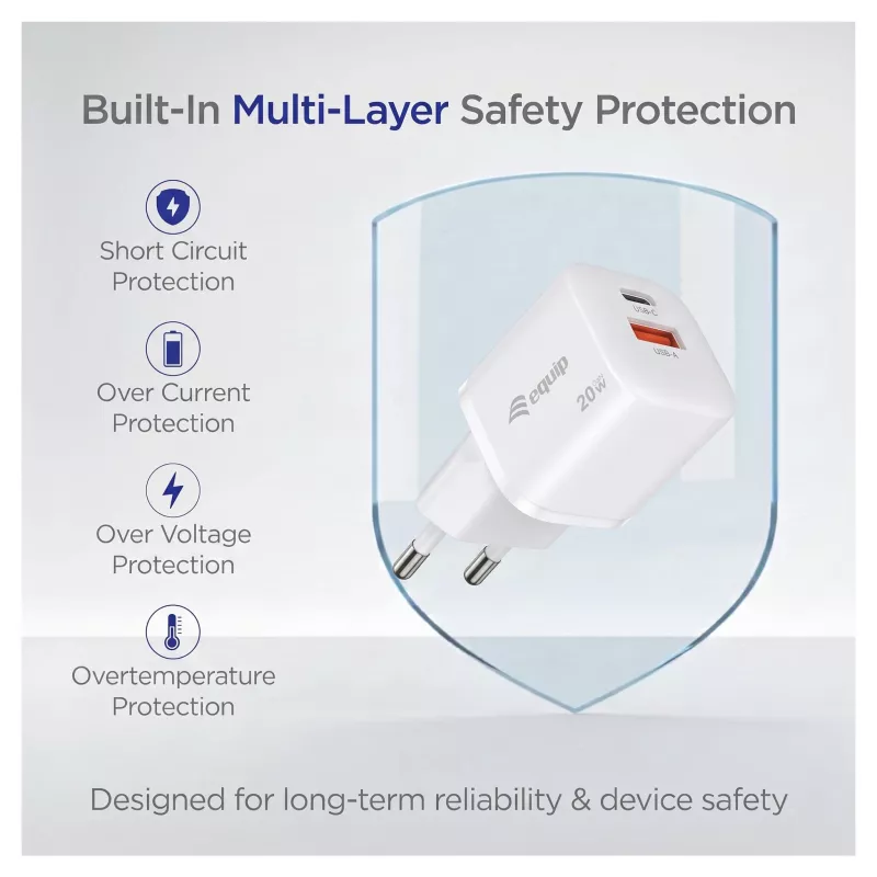 Equip 245526 Ładowarka ścienna 2-portowa USB-C PD3.0 / USB-A GaN 20W, biała