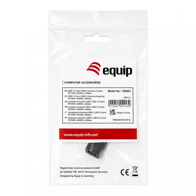 Equip złączka keystone USB-C, USB 3.2 Gen 2, USB-C żeński na żeński, czarna