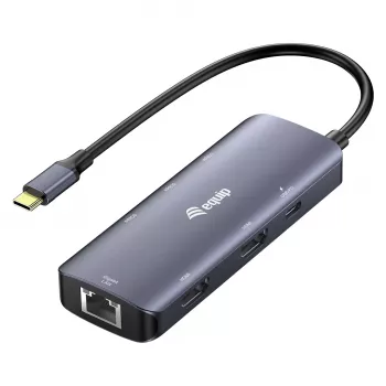 EQUIP USB-C Multiport Adapter z 2x HDMI, RJ45, 2x USB-A, USB-C PD 100W, Szary
