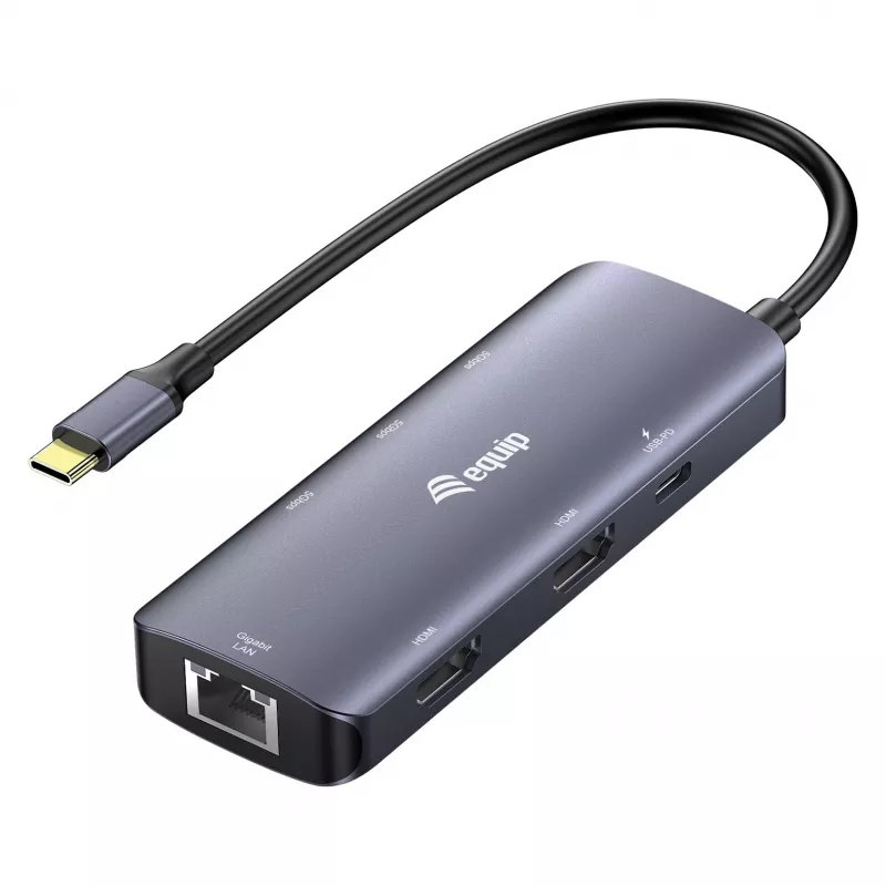 EQUIP USB-C Multiport Adapter z 2x HDMI, RJ45, 2x USB-A, USB-C PD 100W, Szary