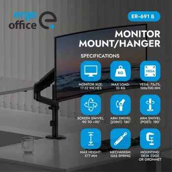 Ergo Office ER-691 B uchwyt monitora na sprężynie gazowej do ekranów 17-32 cali, 1-10 kg, matowy czarny, VESA 75/100